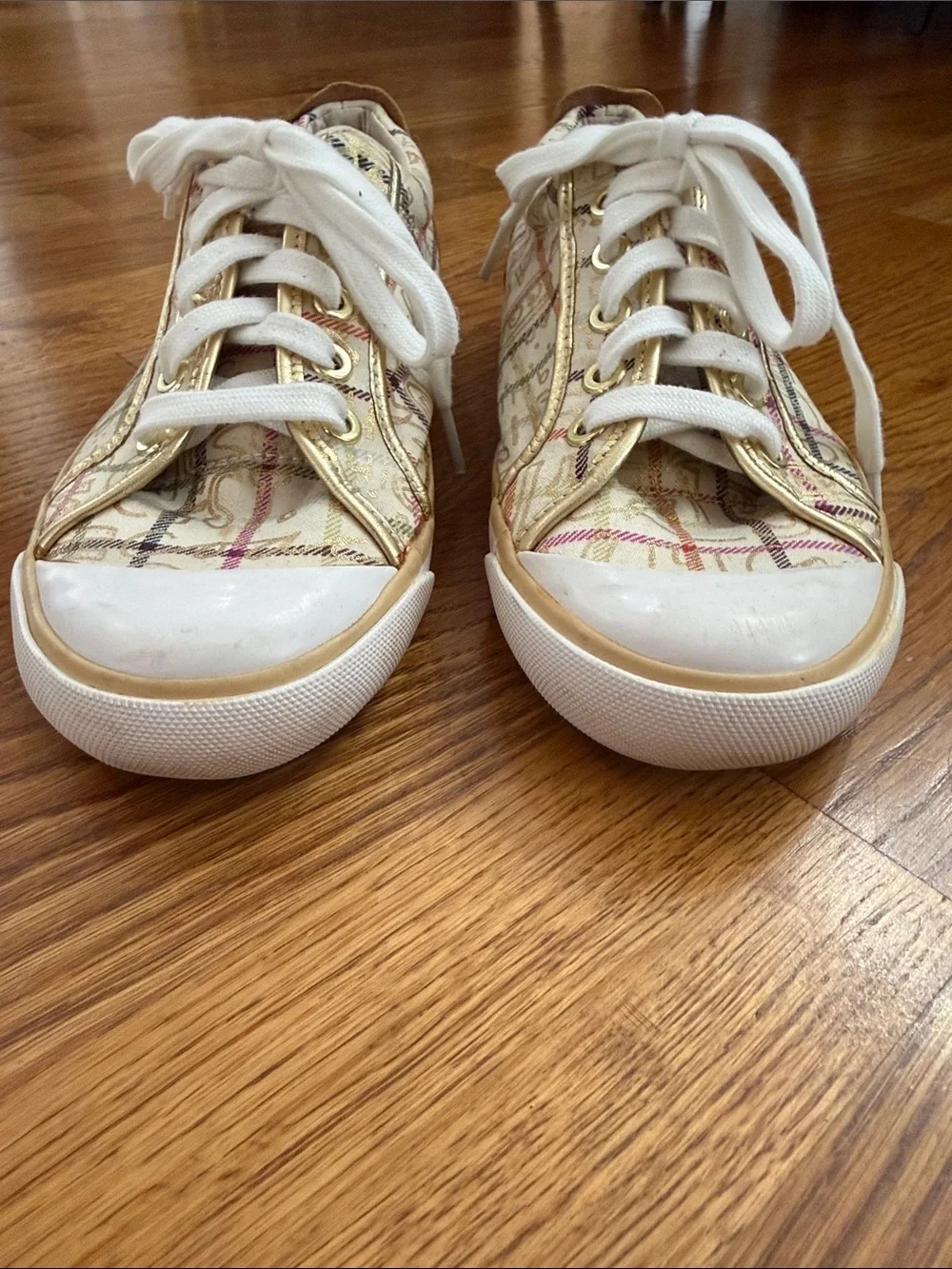 Coach Barrett multi color Plaid Logo Sneakers Gold Trim Women’s Size 7.5B